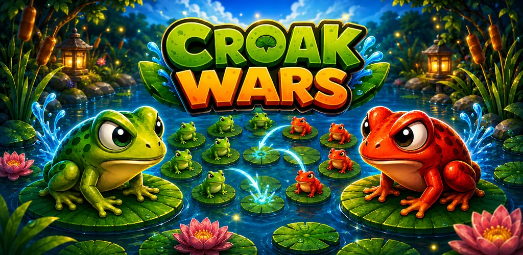 Croak Wars key art showing green and red frogs facing across a moonlit pond