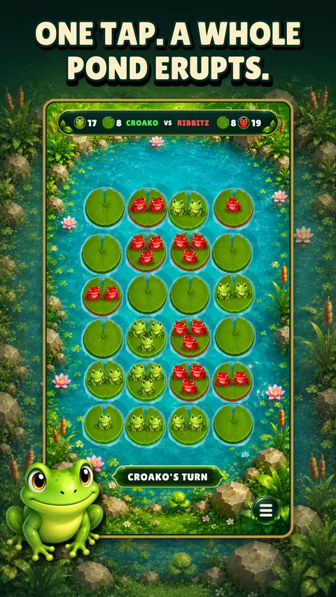 Croak Wars chain-reaction match on a grid of lily pads