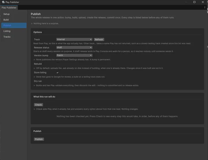 Play Publisher's Publish panel inside the Unity Editor, showing release track, version, listing, validation, and publish options